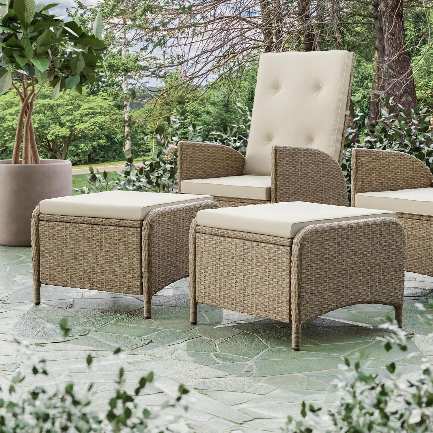 Greemotion Garda 2-Piece Outdoor Patio Aluminum Polyrattan Wicker Outdoor Ottoman All Weather Rattan Patio Furniture Outdoor Footstool Footrest Seat Set w/Removable Cushions in Beige