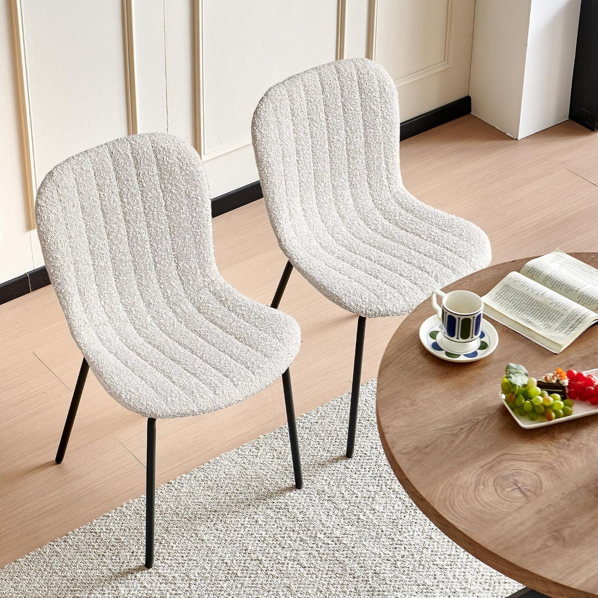 37 Inch Round Dining Table Set for 2, Modern Small Circle Kitchen Coffee Set for Apartment Living Room Office, Save Space(1 Wooden Table + 2 White Boucle Chairs)