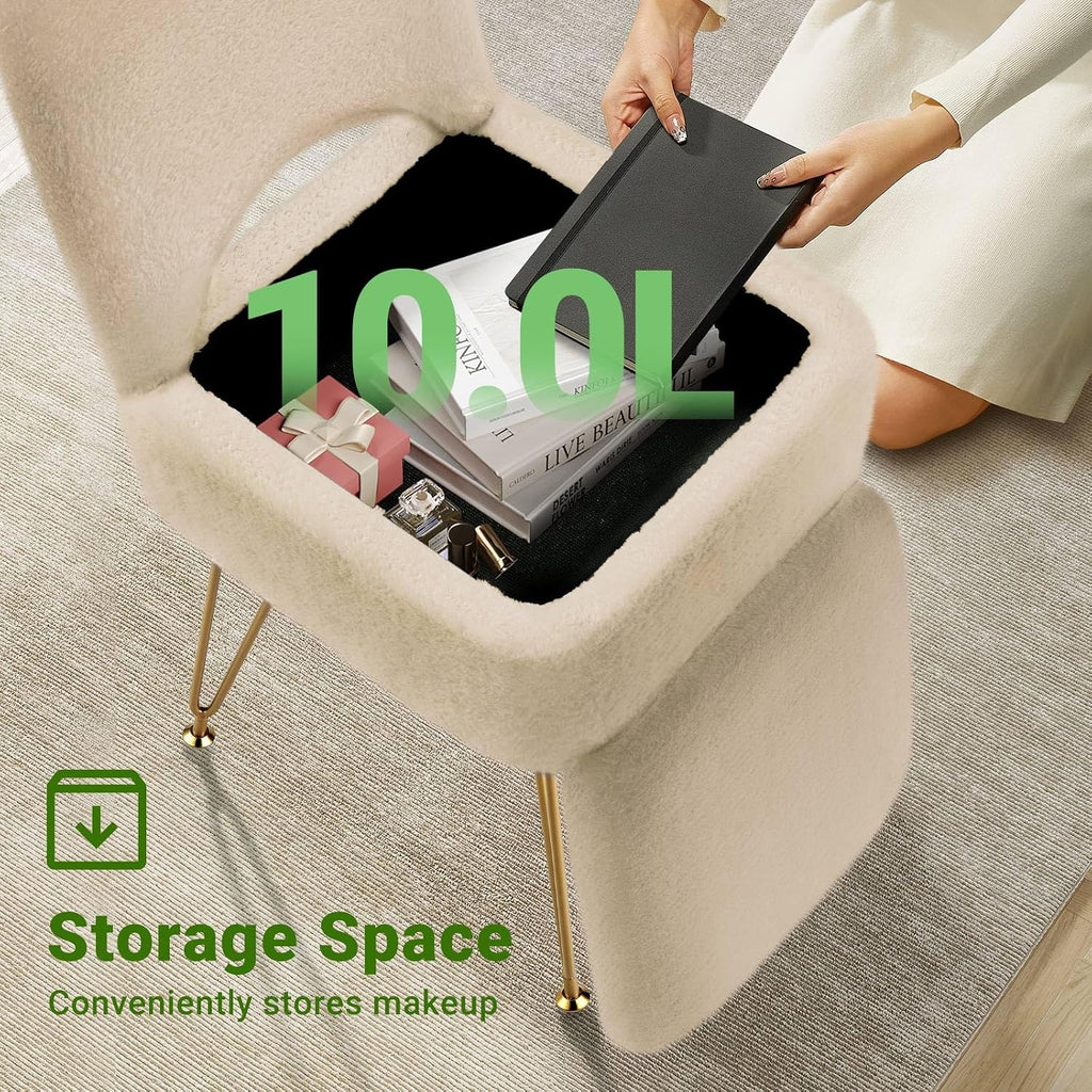 GREENSTELL Vanity Stool Chair with Storage and Folding Back, 13.4" x 15" x 30" Square Faux Fur Soft Ottoman, 4 Metal Legs with Anti-Slip Feet, Furry Padded Seat for Makeup, Bedroom, Camel