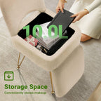 GREENSTELL Vanity Stool Chair with Storage and Folding Back, 13.4" x 15" x 30" Square Faux Fur Soft Ottoman, 4 Metal Legs with Anti-Slip Feet, Furry Padded Seat for Makeup, Bedroom, Camel
