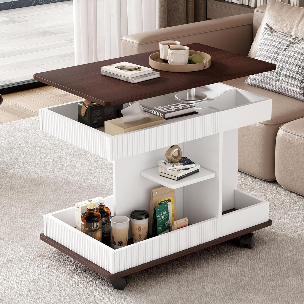 Adjustable End Table with Wheels, Modern Multifunctional Sofa Side Table with Lift-Top, 360°Rotating Top and Storage Space for Living Room, Small Space, Brown+White