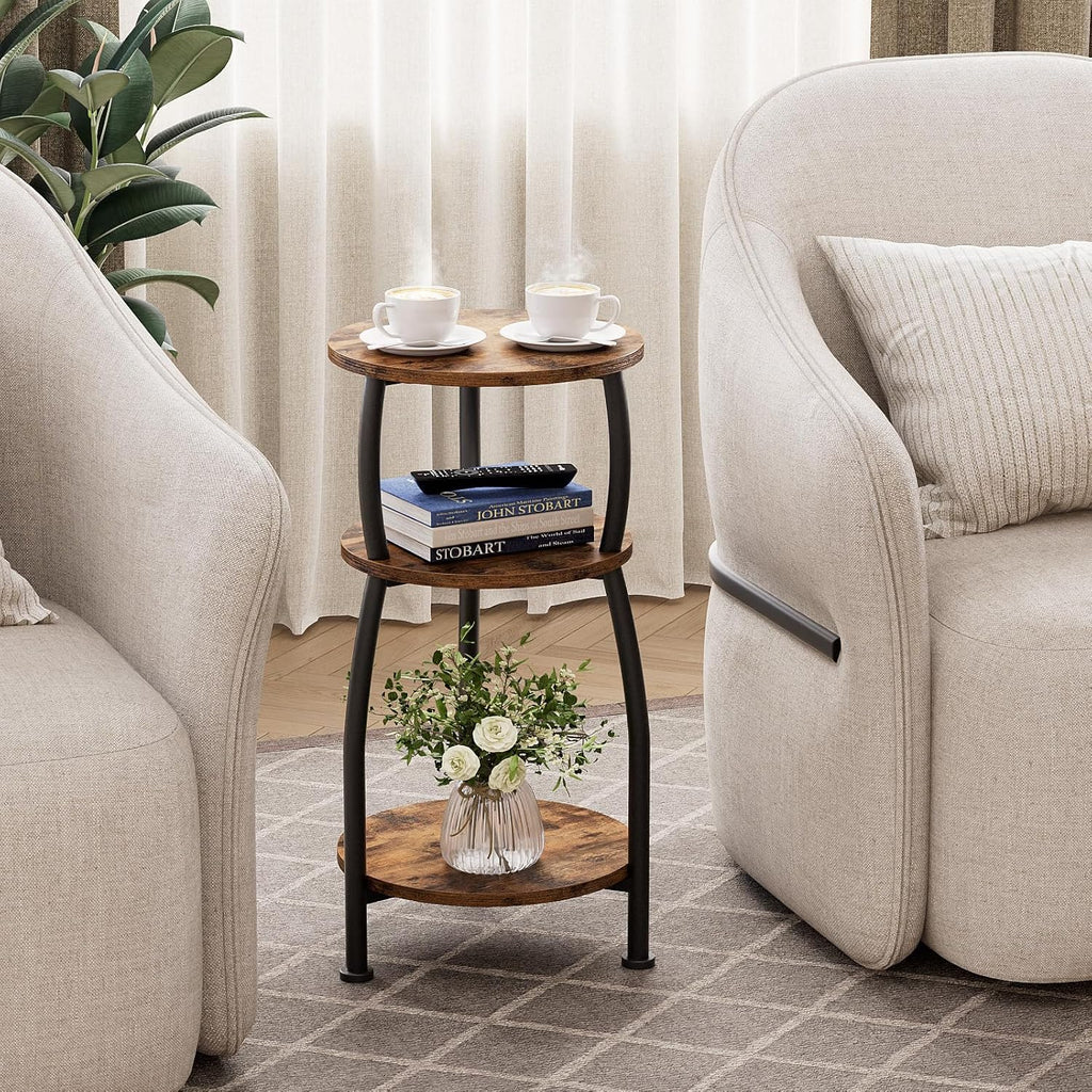 Small Round Side Table for Small Spaces, 3-Tier End Table with Storage Shelf, Slim Night Stand Sofa Corner Table for Living Room Bedroom, Patio and Corner, Rustic Brown