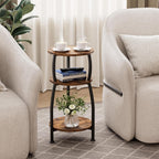 Small Round Side Table for Small Spaces, 3-Tier End Table with Storage Shelf, Slim Night Stand Sofa Corner Table for Living Room Bedroom, Patio and Corner, Rustic Brown
