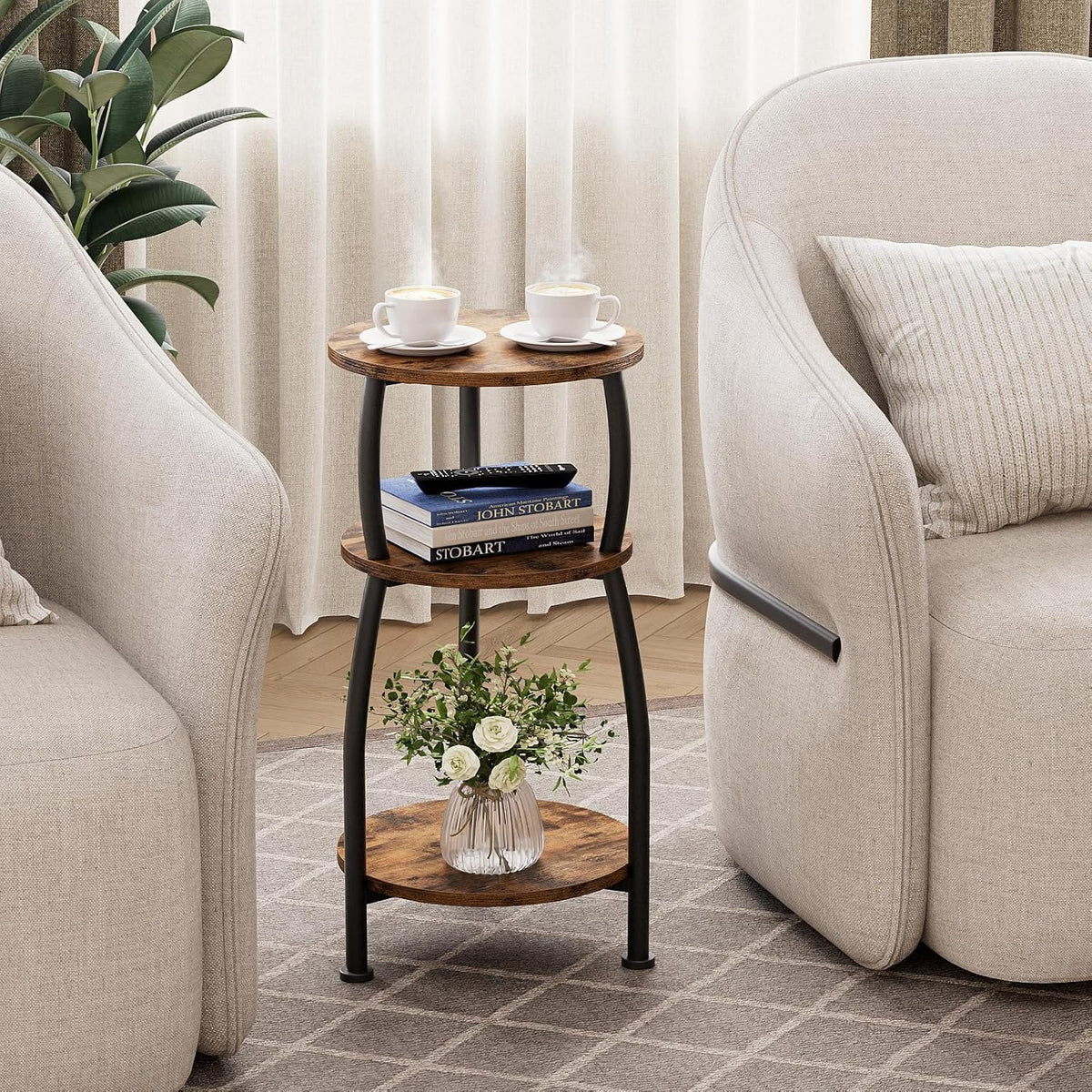 Small Round Side Table for Small Spaces, 3-Tier End Table with Storage Shelf, Slim Night Stand Sofa Corner Table for Living Room Bedroom, Patio and Corner, Rustic Brown
