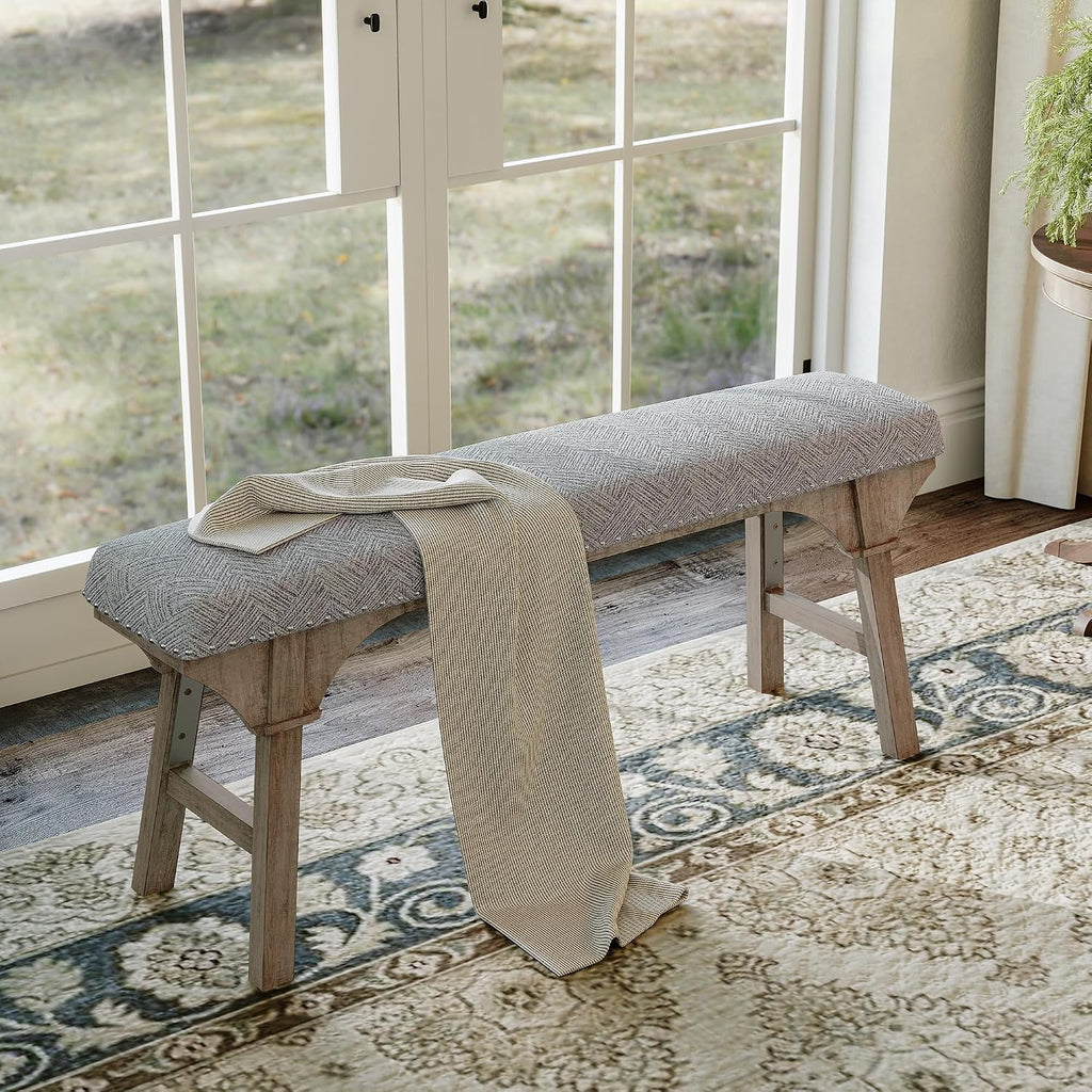 DIBRATY 44'' Upholstered Entryway Bench, Vintage Linen Texture End of Bed Bench with Solid Wood Legs, 300 LBS Weight Hallway Shoe Storage Benchs for Kitchen, Living Room, Gray