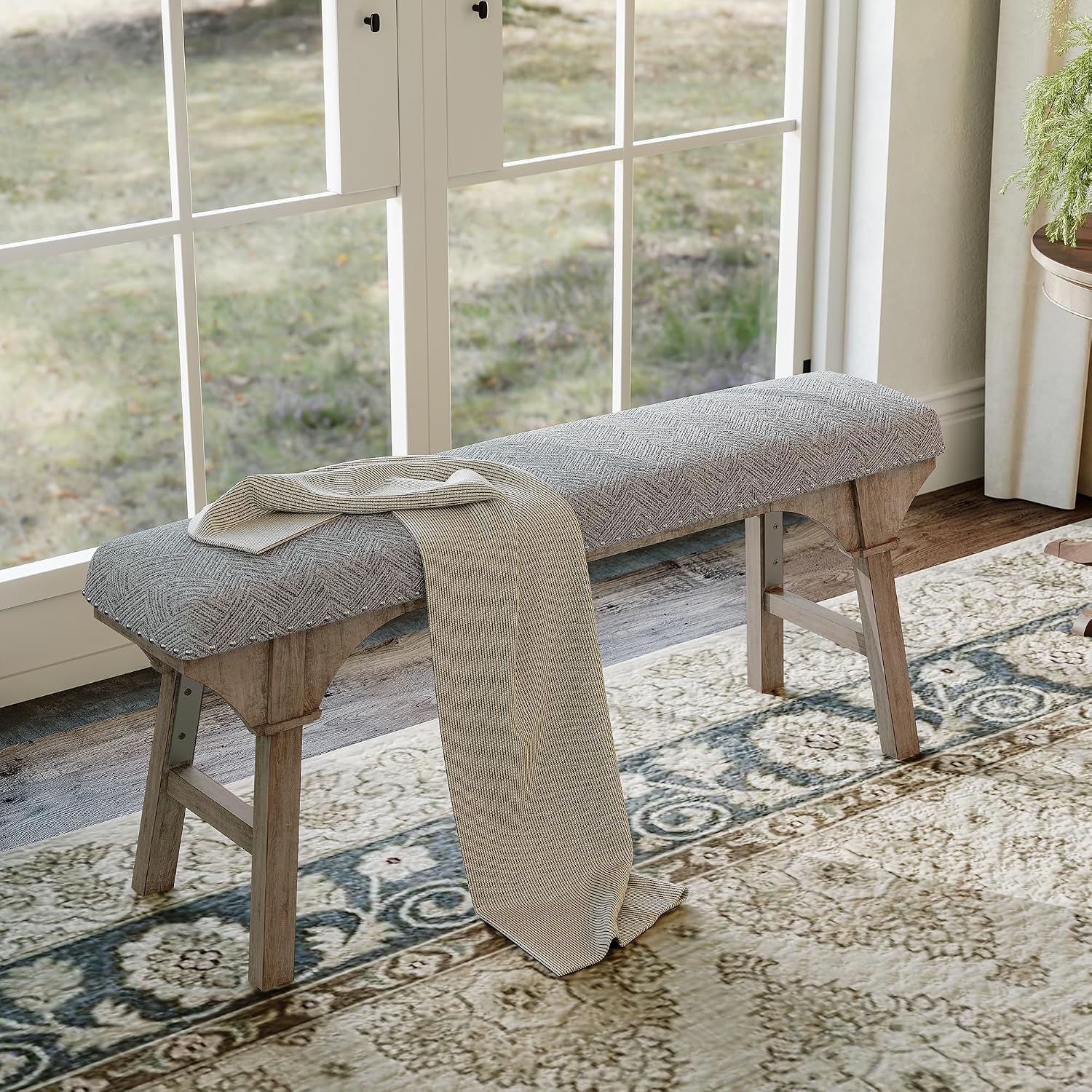 DIBRATY 44'' Upholstered Entryway Bench, Vintage Linen Texture End of Bed Bench with Solid Wood Legs, 300 LBS Weight Hallway Shoe Storage Benchs for Kitchen, Living Room, Gray