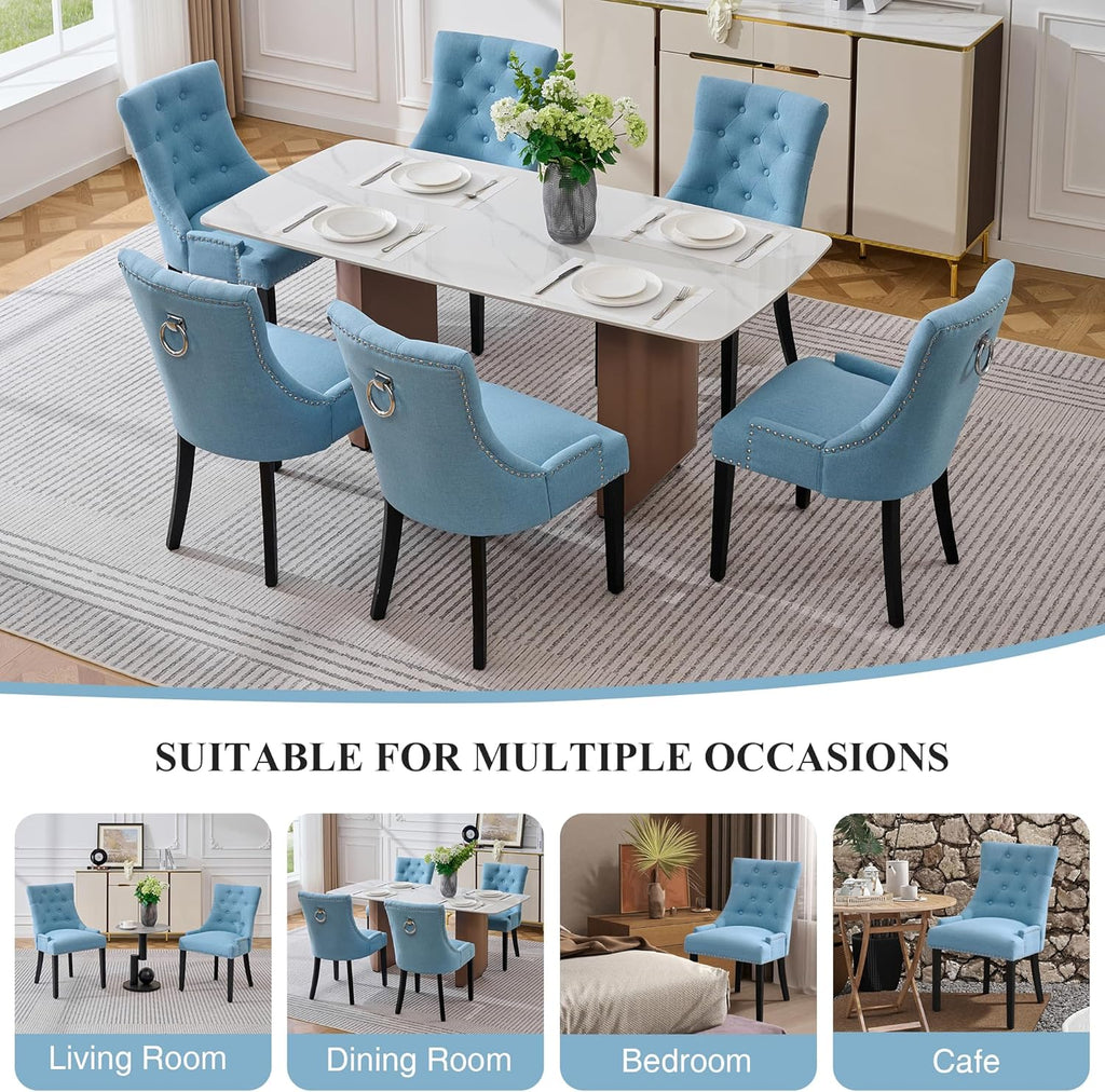 adochr Dining Chairs Set of 6, Upholstered Fabric Dining Room Chairs with Nailhead High Back & Ring Pull & Wooden Legs, Mid-Century Modern Kitchen Chairs for Restaurant, Living Room, Light Blue