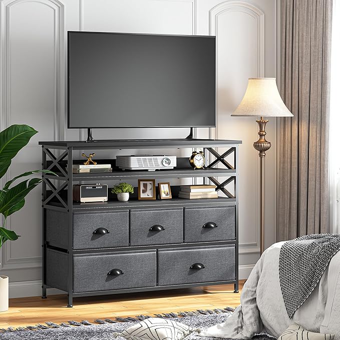 Dresser TV Stand for 50" TV, Sturdy Dresser for Bedroom with 5 Fabric Drawers and 3 Wood Open Shelves, Chest of Drawers Storage Dressers for Entryway, Closet, Grey, 11.8" D x 39.4" W x 38.4" H