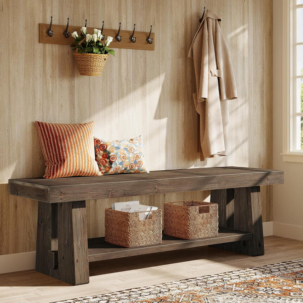 63'' Solid Wood Entryway Bench with Open Shelves, 2-Tier End of Bed Bench, Farmhouse Wooden Bench Indoor for Dining Room, Living Room, Hallway, Bedroom