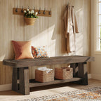 63'' Solid Wood Entryway Bench with Open Shelves, 2-Tier End of Bed Bench, Farmhouse Wooden Bench Indoor for Dining Room, Living Room, Hallway, Bedroom