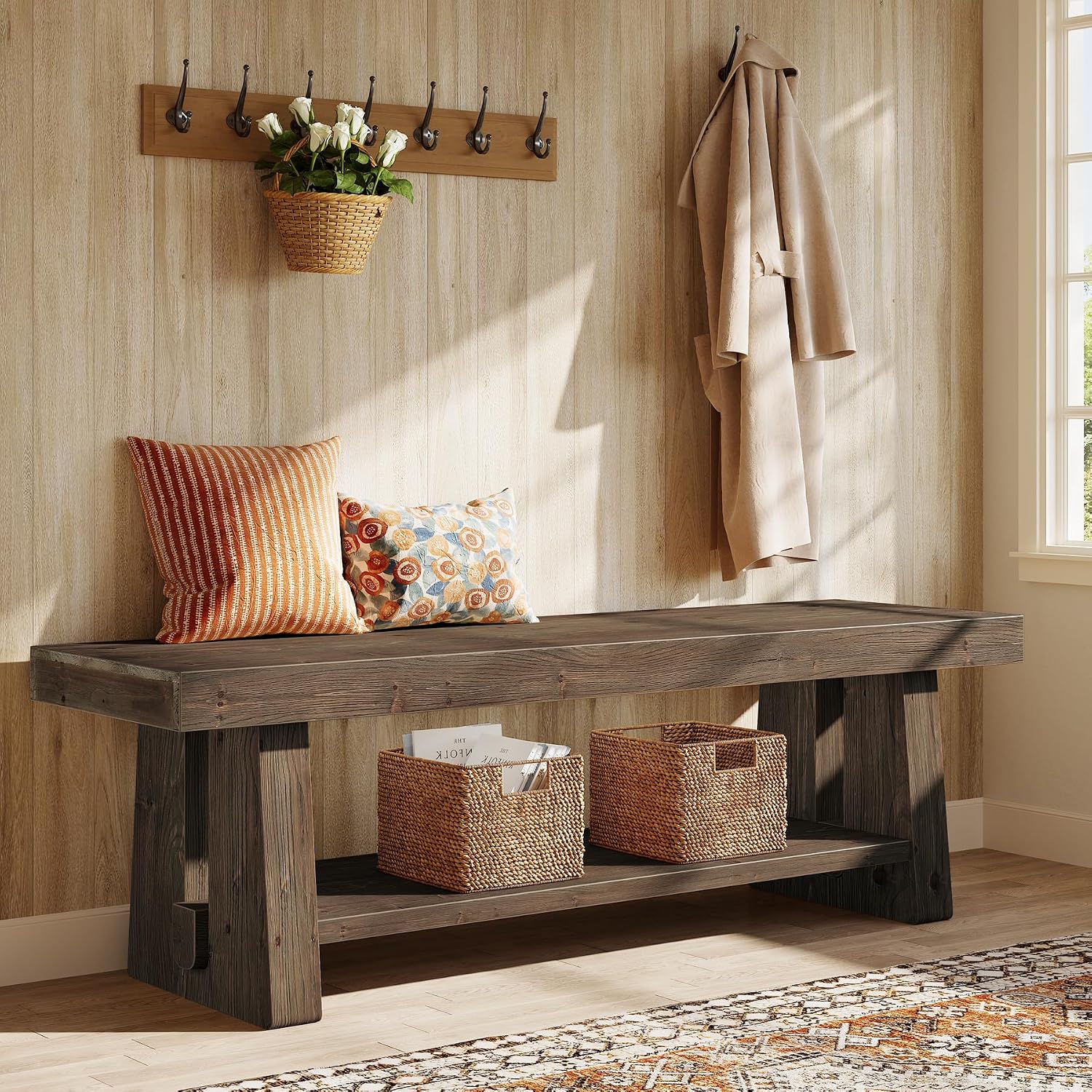 63'' Solid Wood Entryway Bench with Open Shelves, 2-Tier End of Bed Bench, Farmhouse Wooden Bench Indoor for Dining Room, Living Room, Hallway, Bedroom