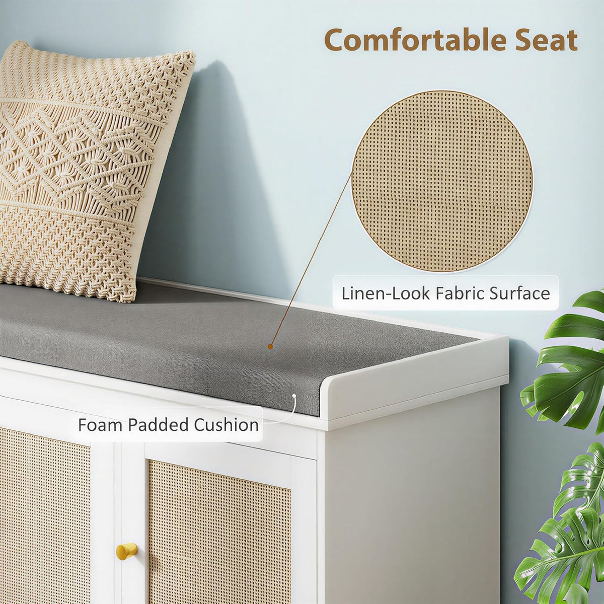HOMCOM Shoe Bench with Woven Rattan Doors, Shoe Storage Bench with Cushion, Adjustable Shelves for 9 Pairs, Boho Style Entryway Bench for Bedroom, Living Room, 13.8 x 41.3 x 18.5 Inches, White