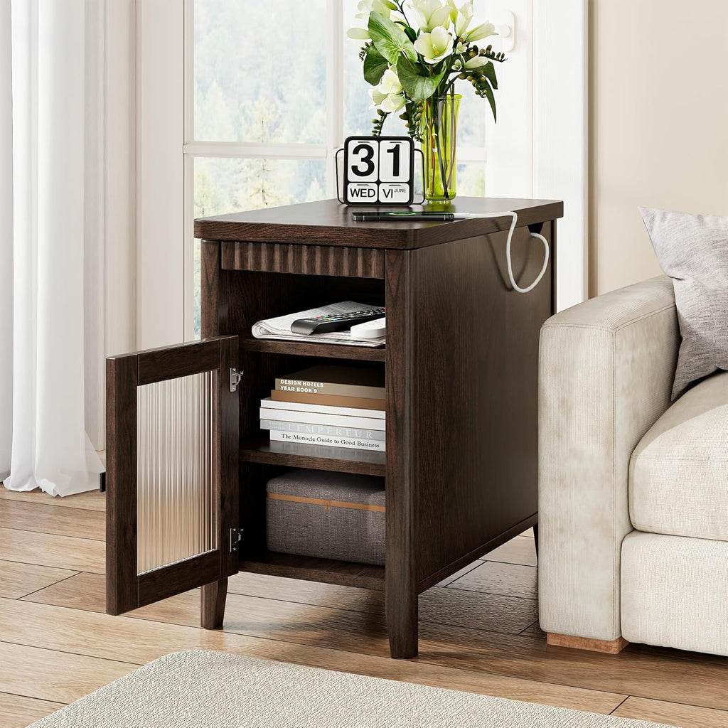 iPormis End Table with Charging Station, Narrow Side Table for Living Room, Farmhouse Night Stand with Storage Cabinet, Wood Bedside Table for Bedroom Small Space, Walnut