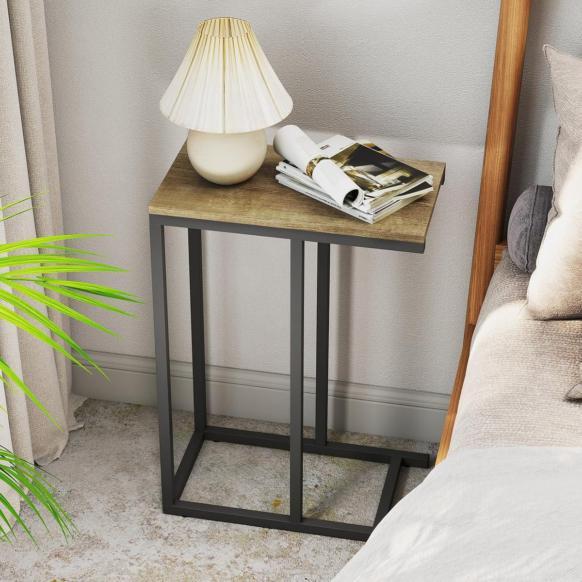 Tangkula C-Shaped End Table, Slide Under Couch TV Tray for Coffee Laptop Tablet, Industrial Sofa Side Table with Metal Frame for Living Room Bedroom (Grey Oak)