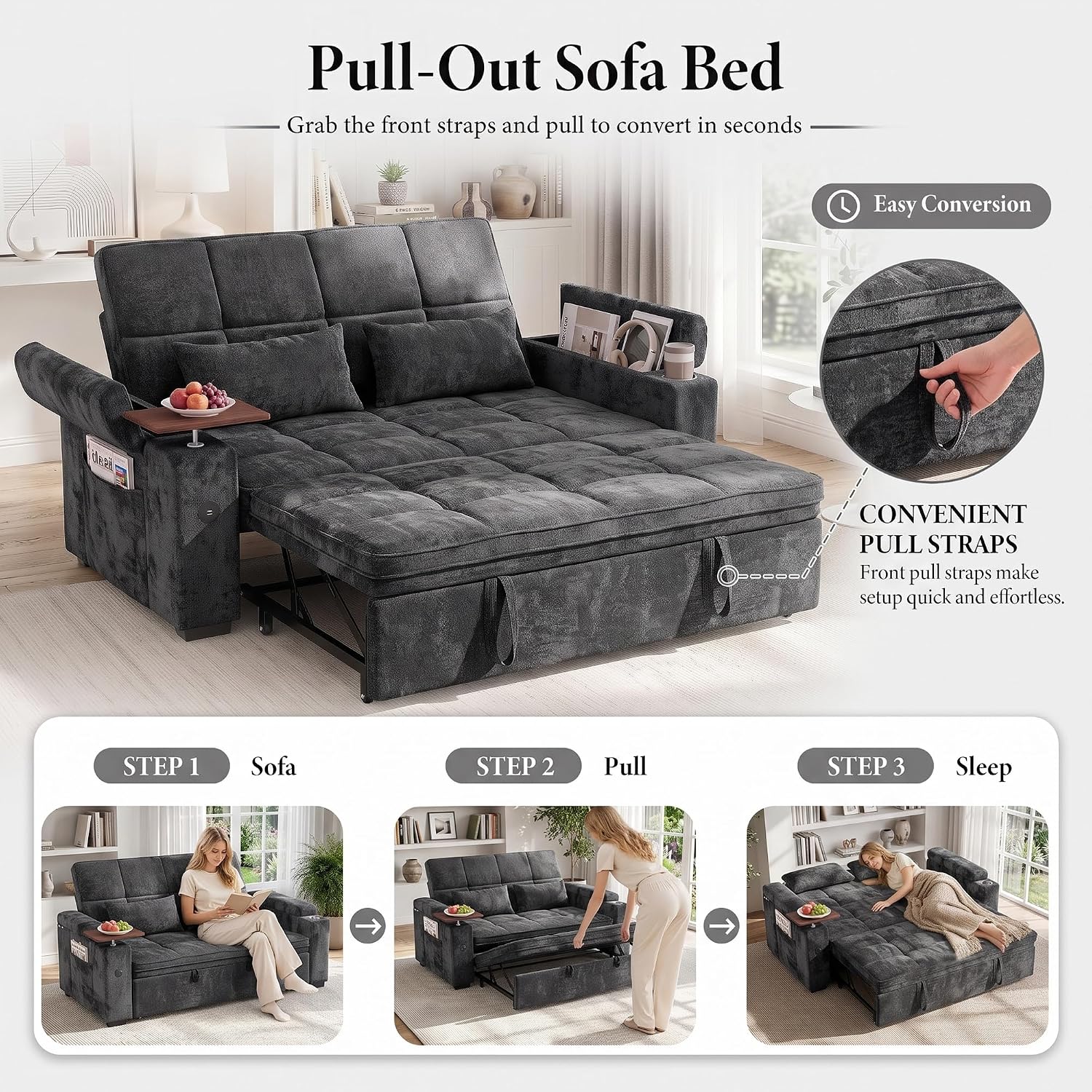 Dreamzie 65'' Convertible Sleeper Sofa Bed with Swivel Side Table, Chenille Pull Out Couch for Living Room, Loveseat Sleeper Couch with Hidden Storage Space | Charging Port | Cup Holders, Grey