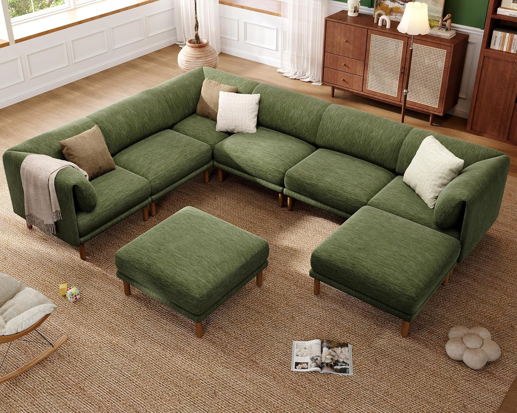 Cloud Sectional Couches for Living Room,Modular Sectional Sofa,Green | Extra Deep 8 Seater,Mid Century Modern Oversized Couches With 2 Ottoman,Solid Wood Leg,Large Sofa for Big Space,Office