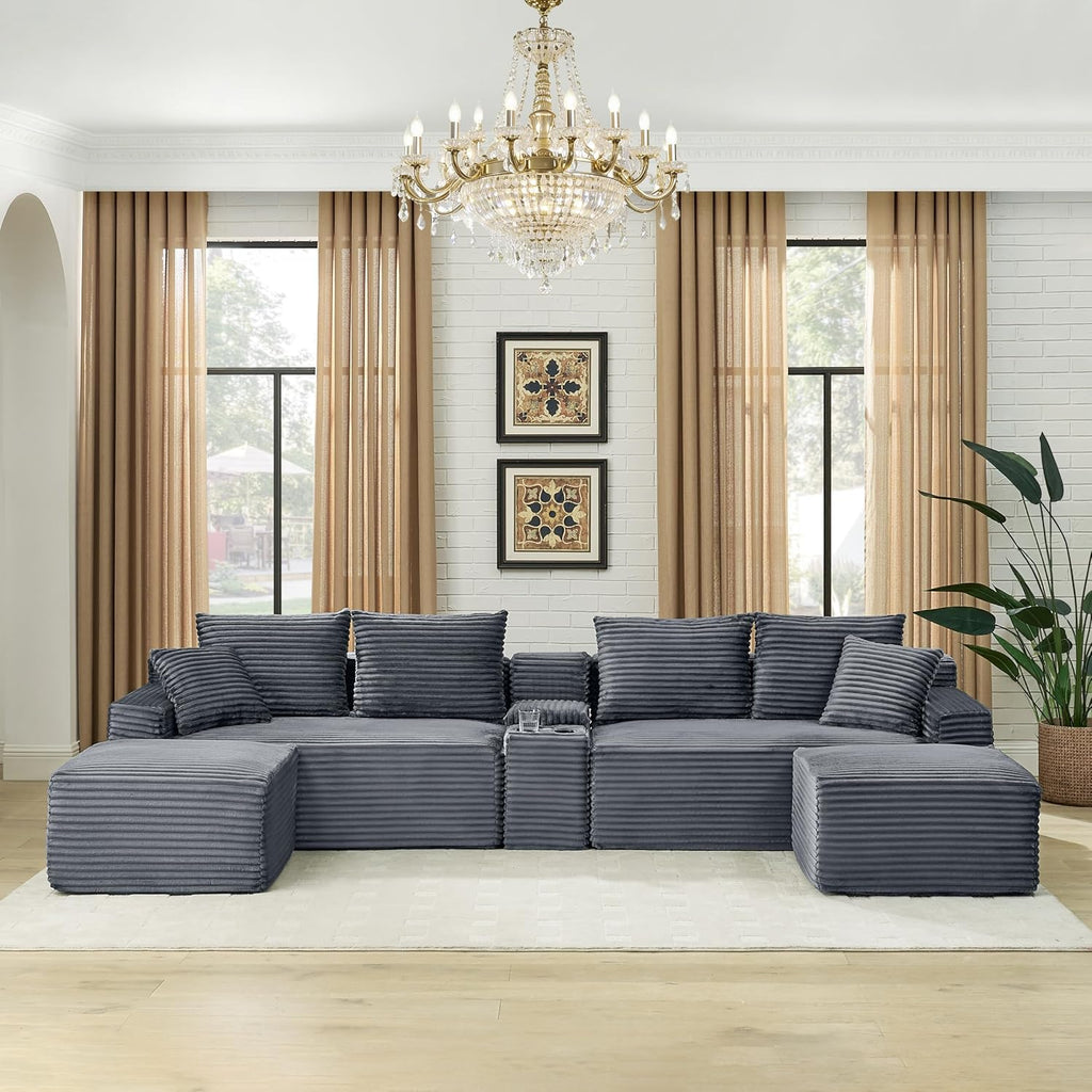 ERYE 127" U-Shaped Cloud Sectional Couch Oversized Modular Compressed Sectional Sofa with Ottoman Chaise Lounges & Console, Plush Corduroy Symmetrical Sofa, Grey