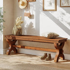 Solid Wood Dining Bench, 55-Inch Long Entryway Shoe Bench, Farmhouse Indoor Seat for Dining Room, Living Room, Hallway, Brown (1, Brown)