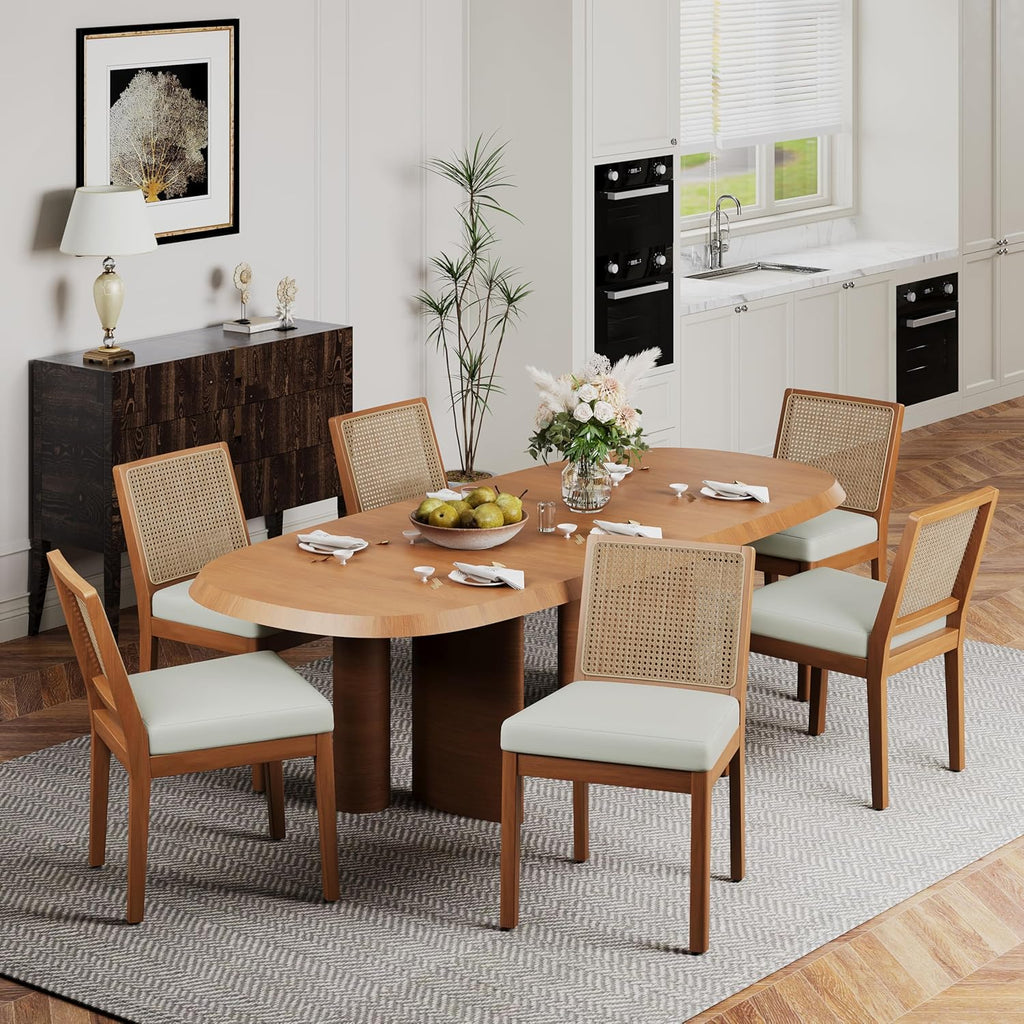 Andeworld Farmhouse Natural Rattan Dining Chairs Set of 6, Upholstered Mid Century Modern Kitchen Dining Room Side Chairs, Armless Faux Leather Kitchen Chairs with Wood Frame, Beige
