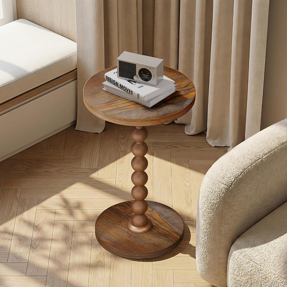 Round Side Table, Drink Table for Small Spaces, Modern Accent Nightstand with Rubberwood Leg for Living Room, Bedroom, Corners, and Office (Brown)