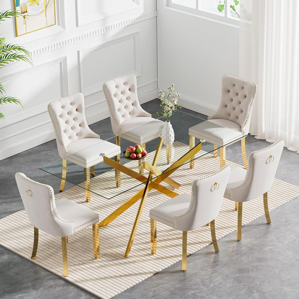 61" Glass Dining Table for 6, Modern Kitchen Dining Room Table with Rectangular Tempered Glass Top and X Metal Legs, Large Gold Glass Dinner Table for Kitchen