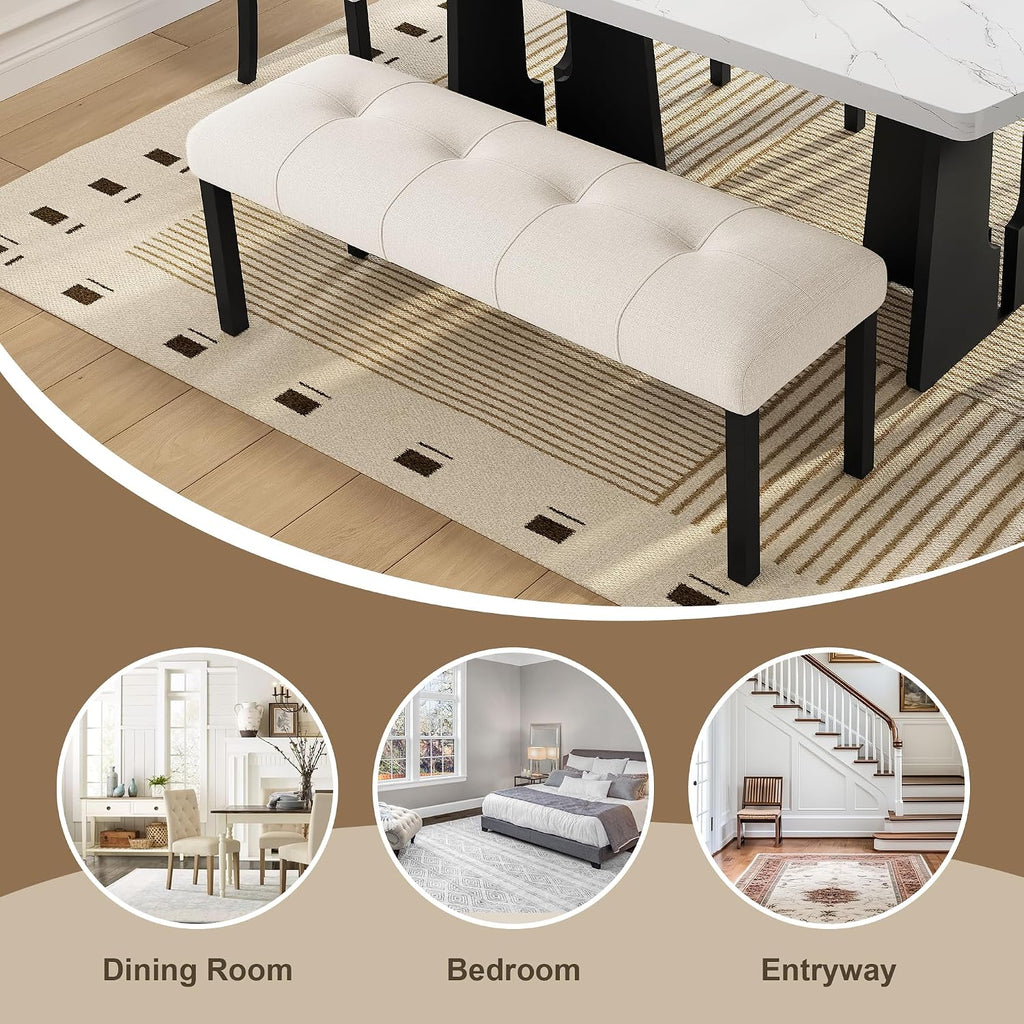 Dining Bench, Rubber Wood Dining Room Bench with Linen Upholstered Seat, for Kitchen, Living Room, Hallway, Kitchen, Entryway, Beige