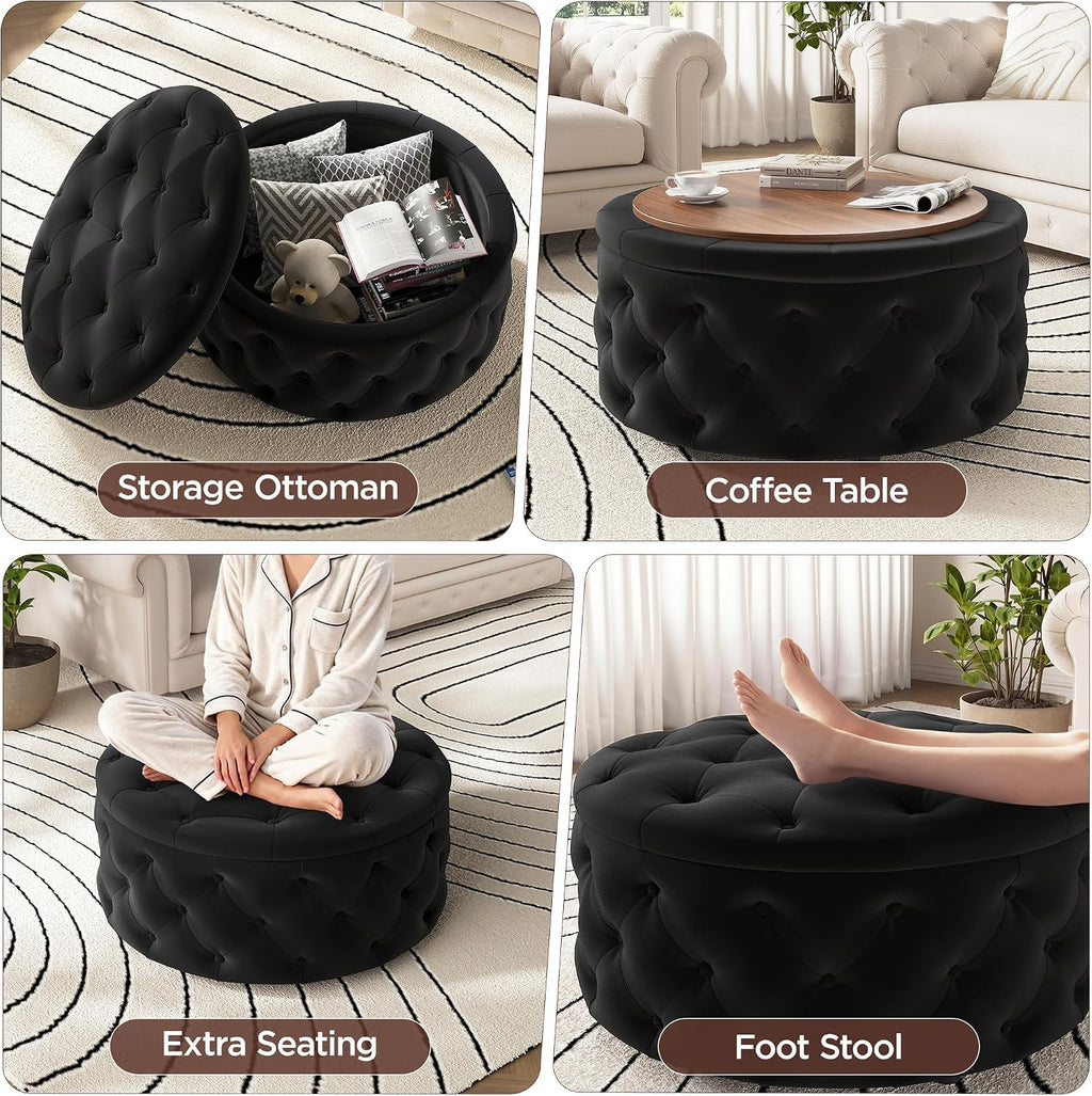FiveWillowise 30 Inch Round Ottoman with Storage Tray,Large Coffee Table | Circle Modern Button Footstool with Removable Lid,Cozy Foot Stools for Living Room, Bedroom,Makeup Room,Black