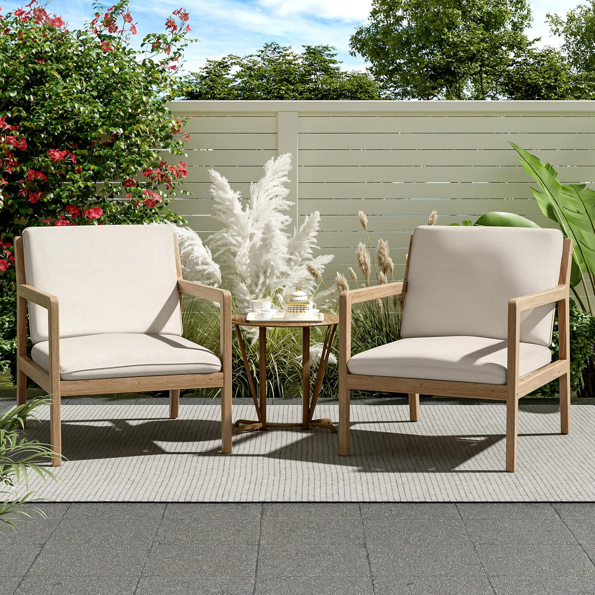 Elountik Acacia Wood Patio Club Chair Set of 2 with Cushions, Outdoor Armchairs for Patio Seating, Light Teak