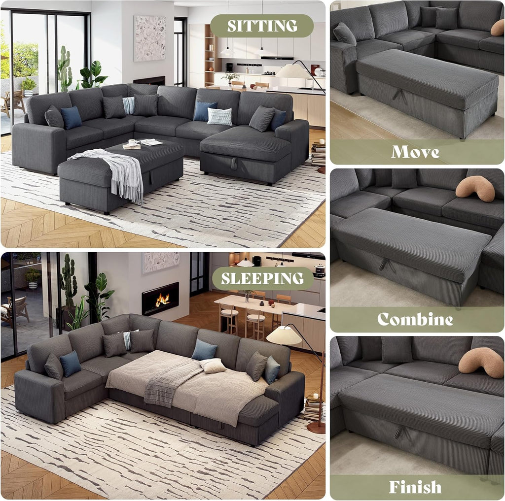 130" Sectional Couches for Living Room, Modular Sectional Sofa, Grey | Sofa Converts to Sleeper, Throw Pillows