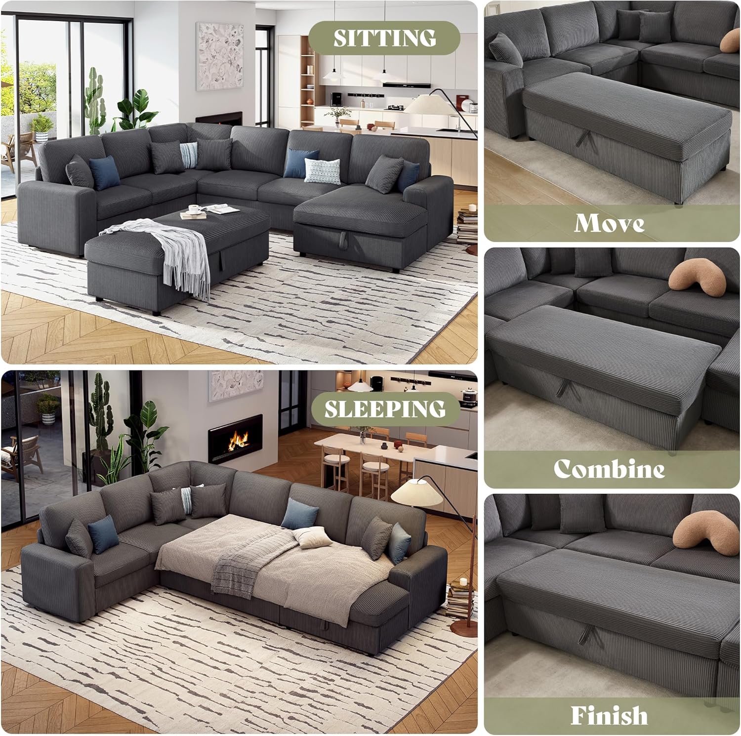 130" Sectional Couches for Living Room, Modular Sectional Sofa, Grey | Sofa Converts to Sleeper, Throw Pillows