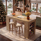Tribesigns 63'' Long Kitchen Island with Storage, Wooden Counter Height Stationary Island Stand with 2 Shelves and Spacious Legroom, High Top Table for Kitchens, Brown, 2PCS