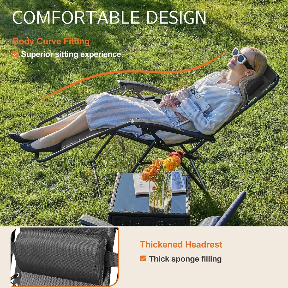 Sweetcrispy Zero Gravity Chairs Set of 2, Outdoor Folding Patio Lounge Chair with Cup Holder Tray, Portable Beach Camping Recliner for Poolside, Garden, Backyard, Lawn, Solid Black