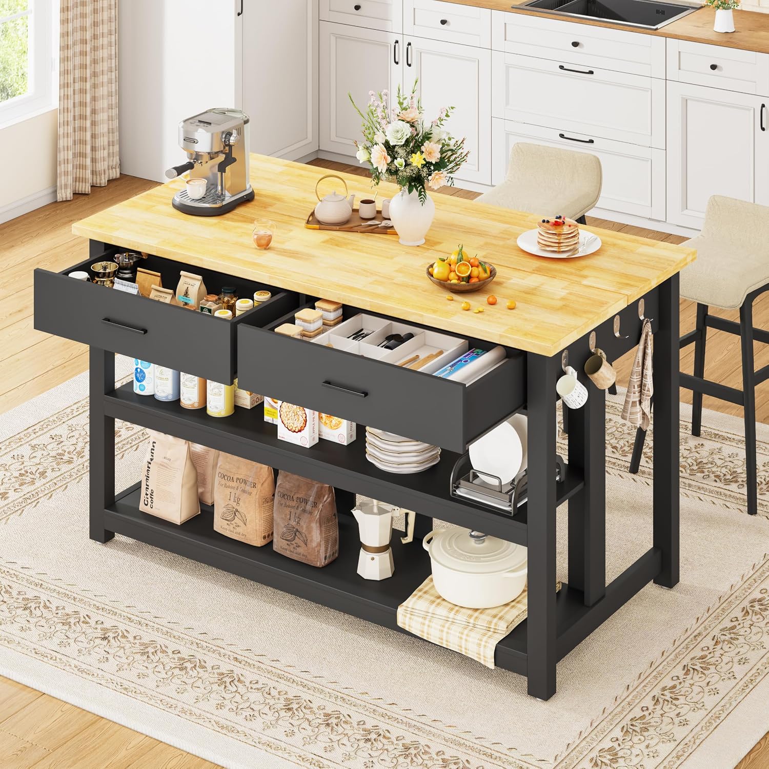 Kitchen Island with Storage for Kitchen Dining Room (Black) | Charging outlet, 2 Drawers and 6 Hook