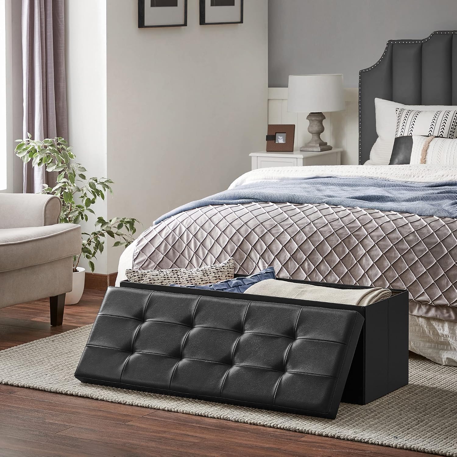 SONGMICS 43.3 Inches Folding Storage Ottoman Bench with Flipping Lid | Storage Chest Footrest Padded Seat, Iron Frame Support, Ink Black, MINOTA Collection ULSF75BK