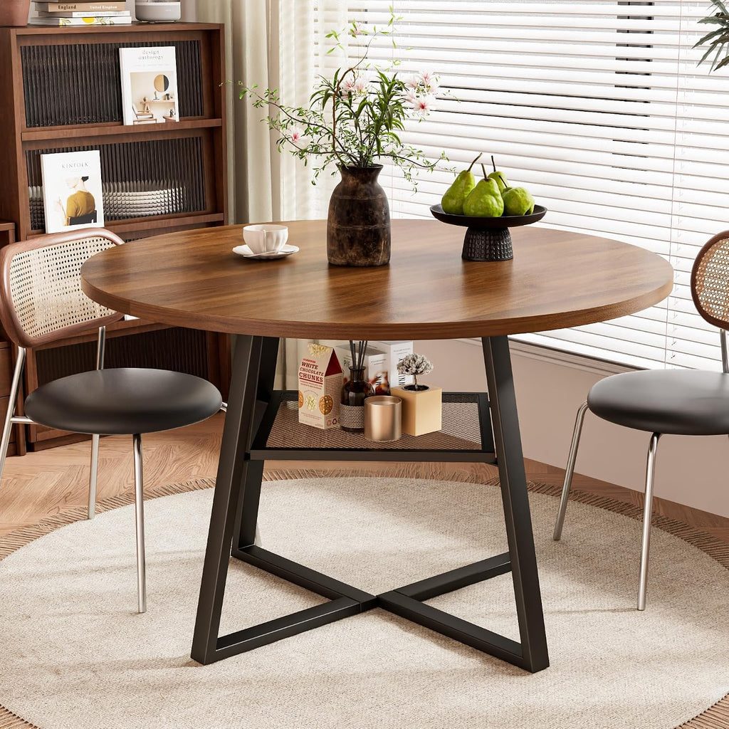 47 Inch Round Dining Table for 4-6, Space Saving Circle Kitchen Table with Storage, Mid Century Modern Dinner Table with Metal Legs, Wooden Farmhouse Dining Room Table for Living Room, Walnut