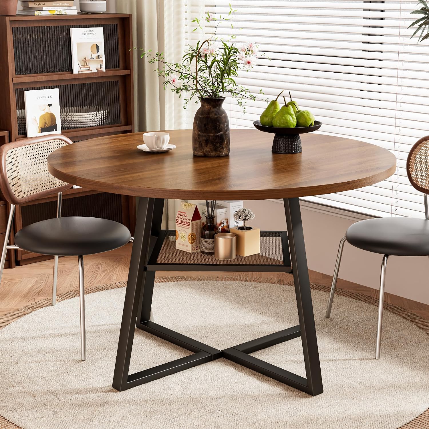 47 Inch Round Dining Table for 4-6, Space Saving Circle Kitchen Table with Storage, Mid Century Modern Dinner Table with Metal Legs, Wooden Farmhouse Dining Room Table for Living Room, Walnut