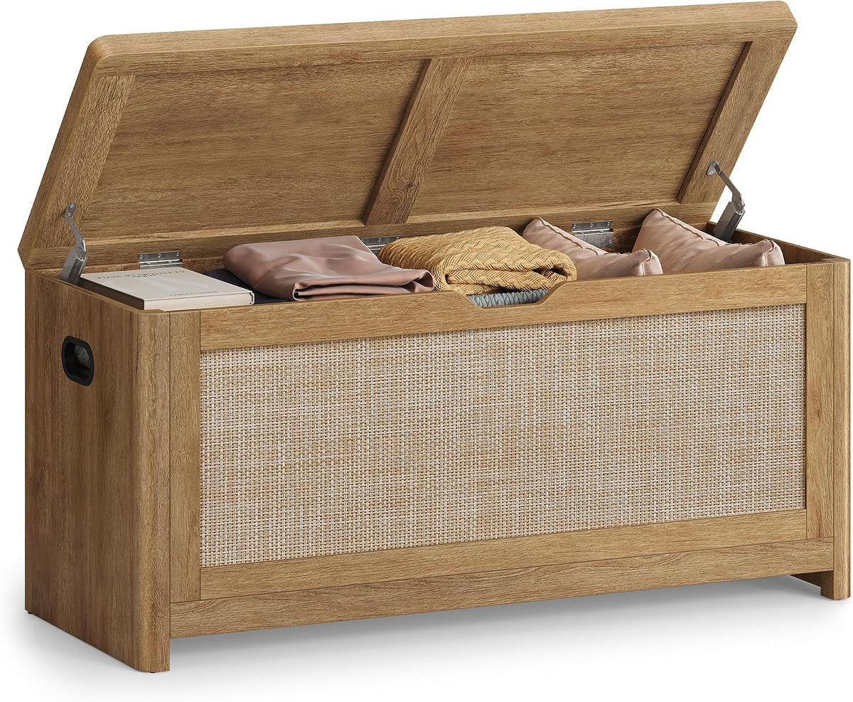 VASAGLE Boho Storage Bench with Rattan Look, Rounded Corners | Blanket Chest and Trunk with Seat for Bedroom Entryway, Natural Brown, ELLAN Collection ULSB503KC01