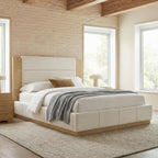 GDFStudio Queen Size Upholstered Platform Bed Frame with Extended Wood Headboard, 49'' Tall High Headboard Modern Bed Frame, Wood Plinth Base, No Box Spring Needed, Easy Assembly, White Boucle