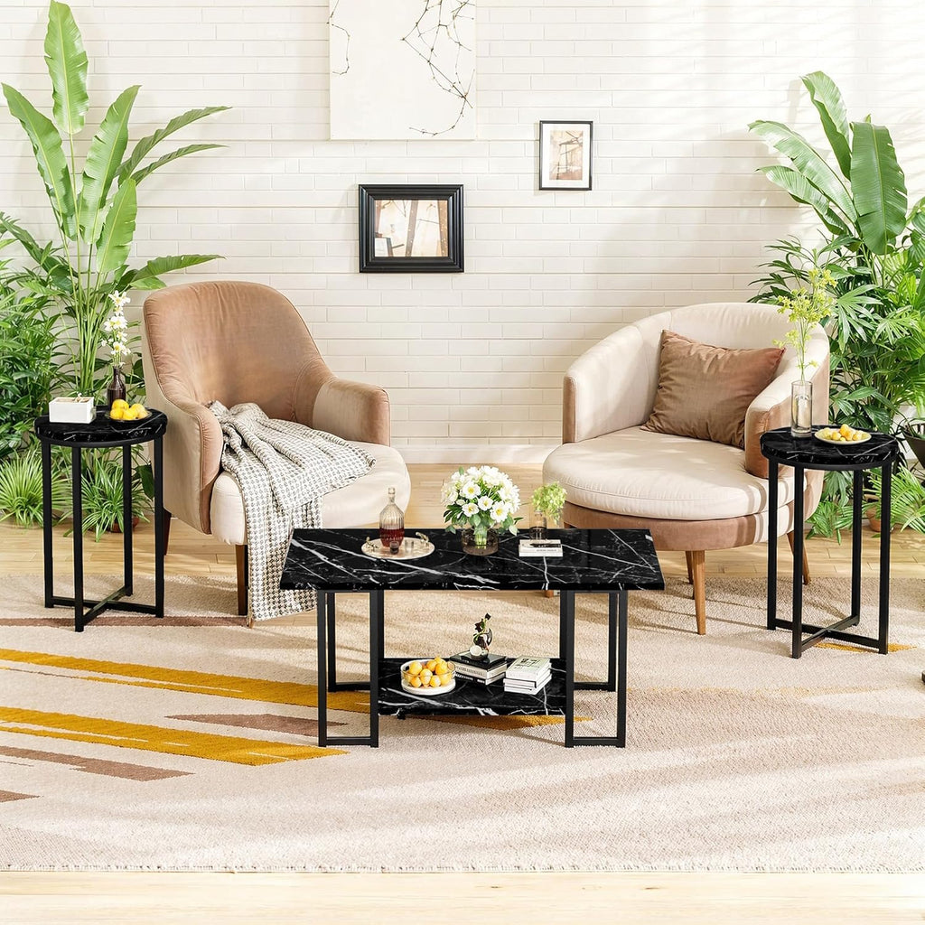 Lamerge 3 Pieces Living Room Table Set, Faux Marble Coffee Table with 2 Round End Side Tables, Coffee Table Set with Metal Frame for Apartment Home Office, Black