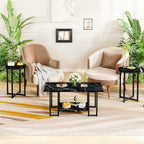 Lamerge 3 Pieces Living Room Table Set, Faux Marble Coffee Table with 2 Round End Side Tables, Coffee Table Set with Metal Frame for Apartment Home Office, Black
