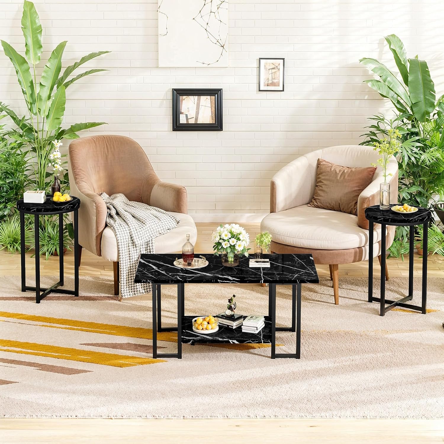 Lamerge 3 Pieces Living Room Table Set, Faux Marble Coffee Table with 2 Round End Side Tables, Coffee Table Set with Metal Frame for Apartment Home Office, Black