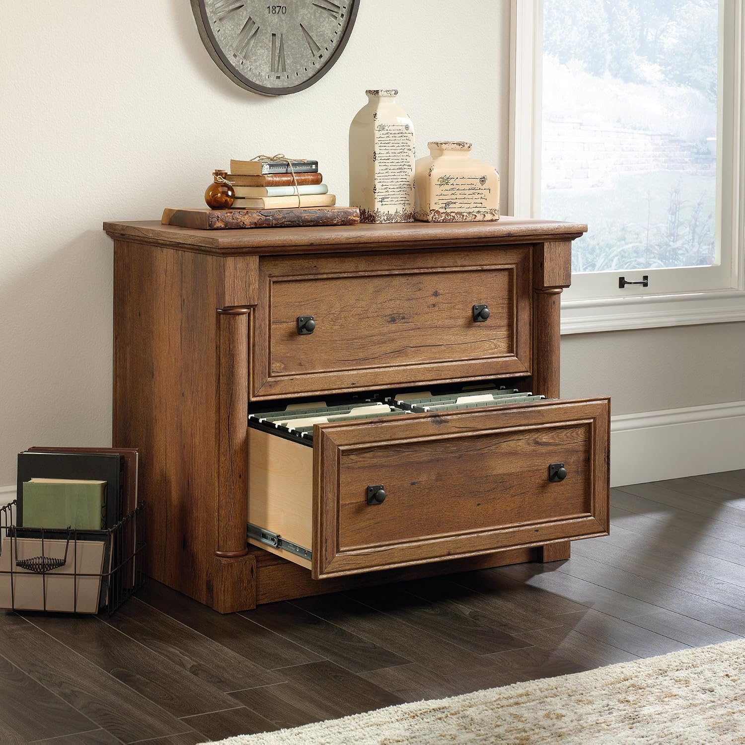 Sauder Palladia 2 Drawer File Cabinet, Lateral Filing Cabinets for Home Office, Hanging File Folders Organizer, Interlocking Drawers, in Vintage Oak Finish