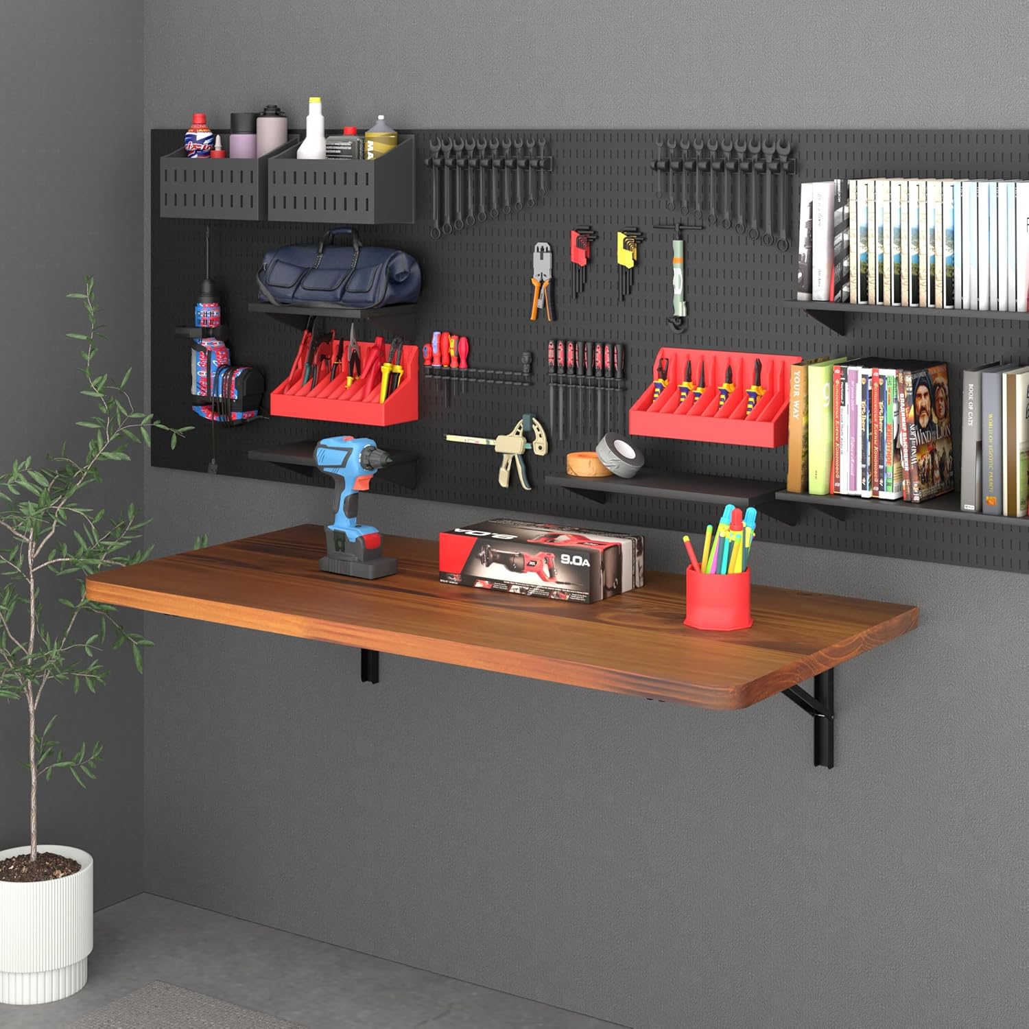 IAE Floating Wall Mounted Folding Table Desk with Pine Wood,36" x 22" Folding Workbench,Fold Down wall Mounted Foldable Table with Shelf Brackets,Laundry Folding Table for Apartment,Home,Kitchen,Teak