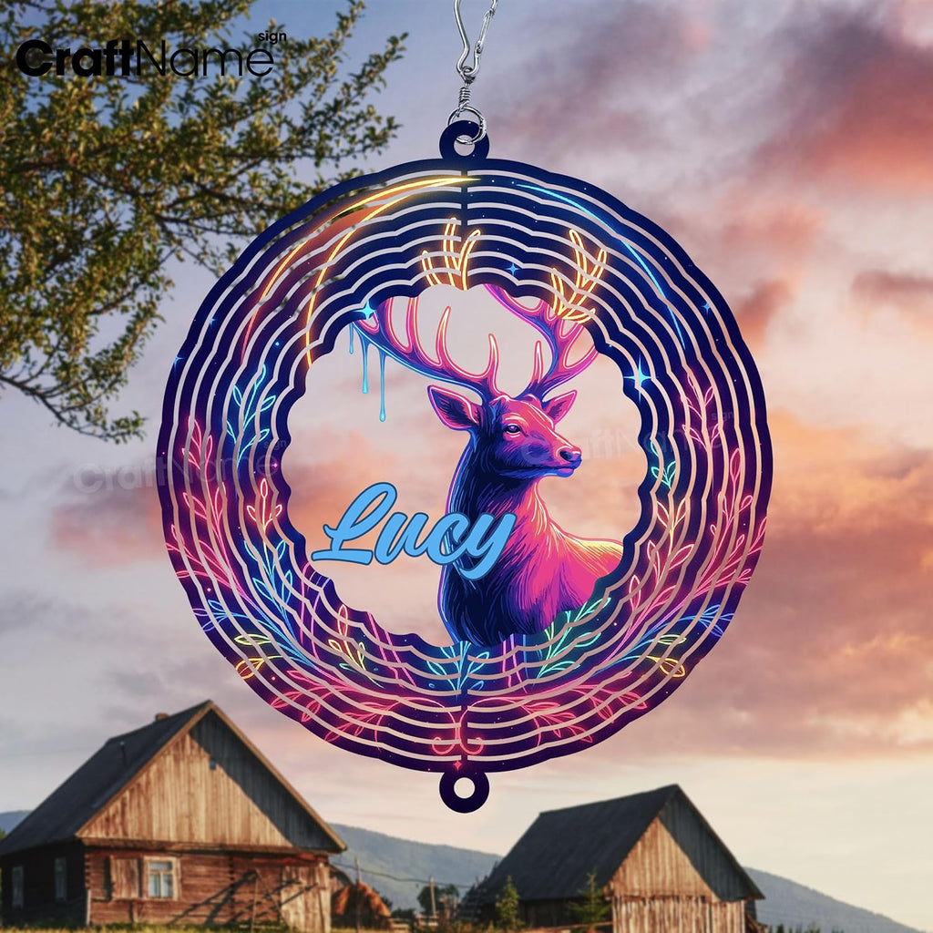 Personalized Deer Wind Spinner 3D Stainless Steel, Deer Garden Spinner Hanging Outdoor Decor, Wind Spinners Outdoor, Custom Gift for Grandmother, Mom, Wife