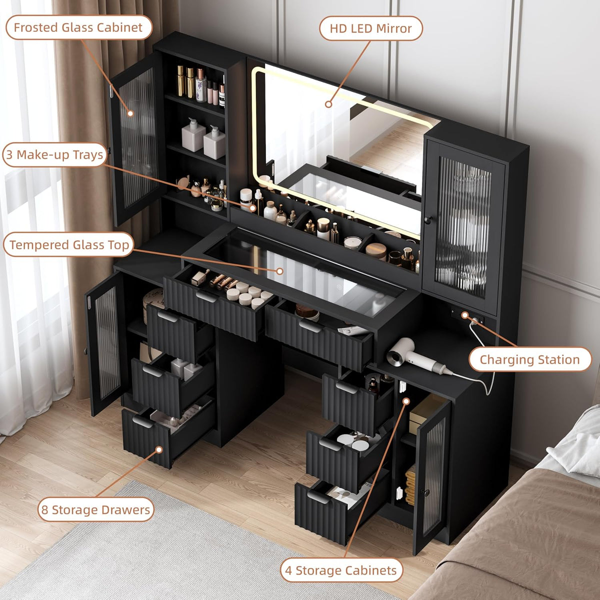 55" Vanity Desk with Mirror & Lights, Fluted Makeup Vanity with 8 Drawers & 4 Cabinets, Tempered Glass Top, RGB Cabinet Lighting, 3-Color Dimmable Mirror, and Charging Station