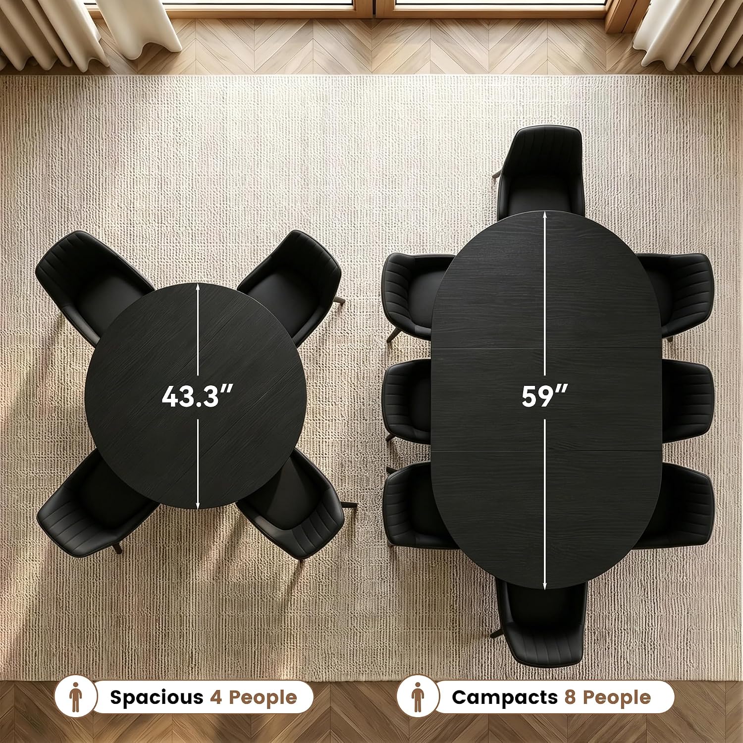 Miereirl Round to Oval Dining Table Set for 4-6, Expandable Kitchen Table with Upholstered Chairs, Dining Room Furniture Set with Hidden Storage Shelf, Space-Saving Dining Set for Apartment
