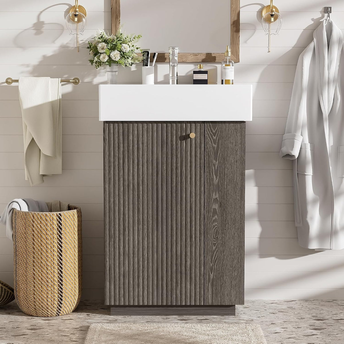 JIVOIT Bathroom Vanity with Ceramic Sink, 21.6" Bathroom Cabinet with Open and Closed Storage, a Tissue Holder, Side Storage, Modern Left Door Wood Grain Cabinet for Small Space