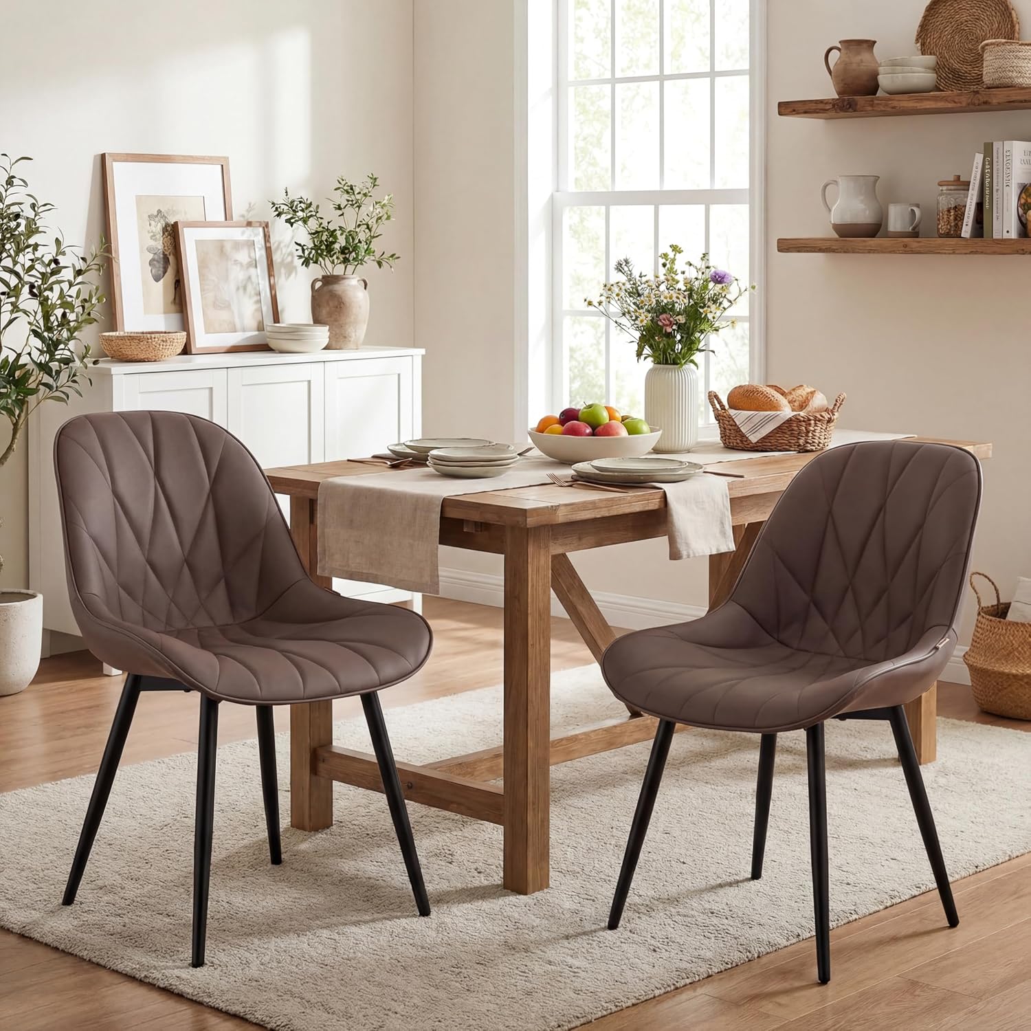 Rowill Modern Dining Chairs Set of 2 - Upholstered Faux Leather Kitchen Chairs with Soft Cushion Backrest, Sturdy Metal Legs & Non-Slip Pads, Perfectly Design for Home Dining Room, Kitchen, Brown