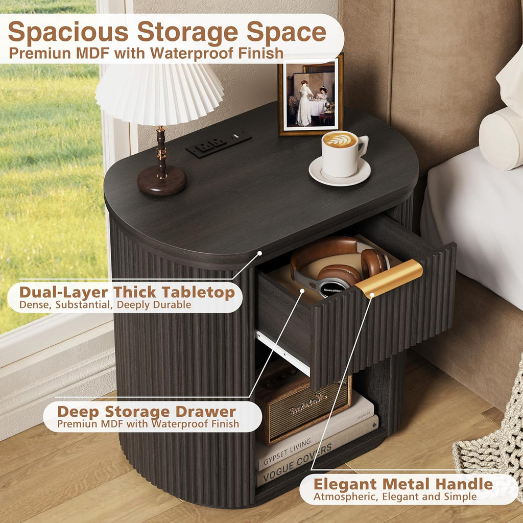 MECHYIN Fluted Nightstand with Charging Station Large 23.6" Round Bedside Table,Black