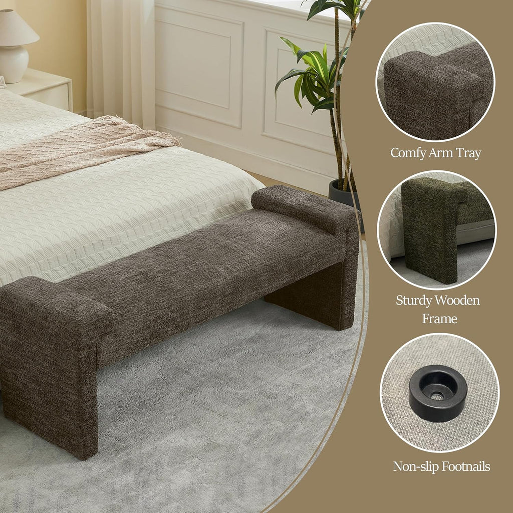 WUTUTUEE 58.7" End of Bed Bench Upholstered Modern Bedroom Bench for Living Room & Entryway, Easy Assembly, Footrest Ottoman Accent Window Bench with Solid Wood Frame & Curved Arm, Brown